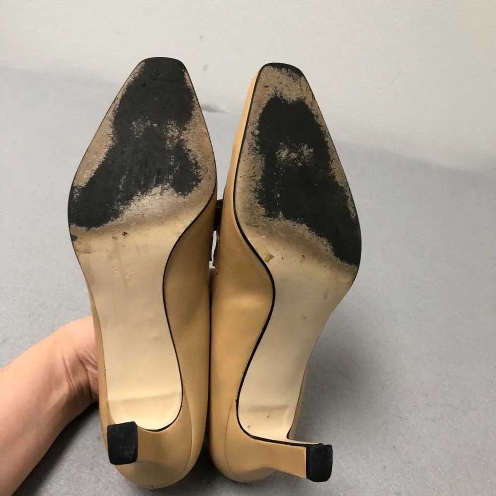 Vintage Apart Leather Pumps Womens 8.5 Beige Bow‎ Square Toe Business Career